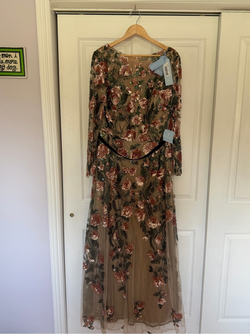 Embroidered Floral Sequin Long Sleeve Dress - Beige with Rose Gold